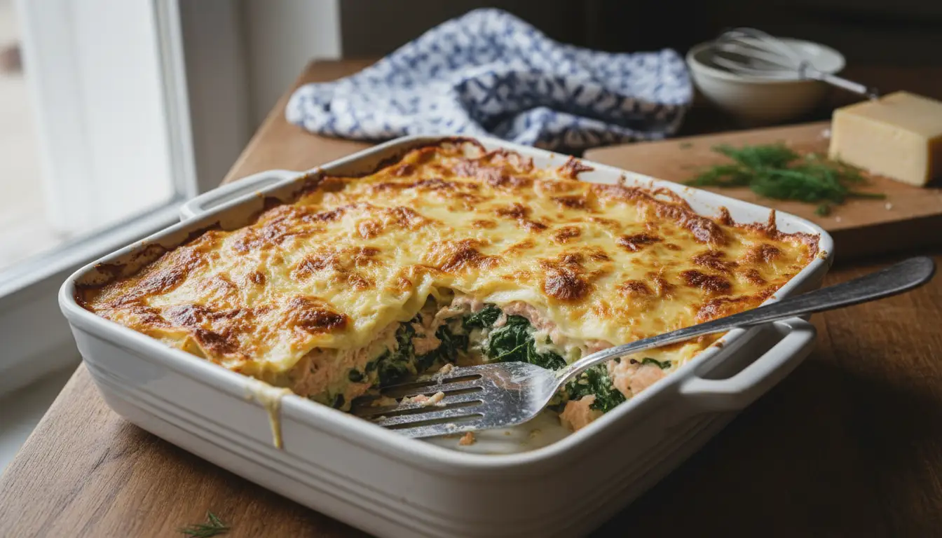 Lasagne saumon epinard maison gratinee au four, avec saumon frais, epinards et sauce onctueuse