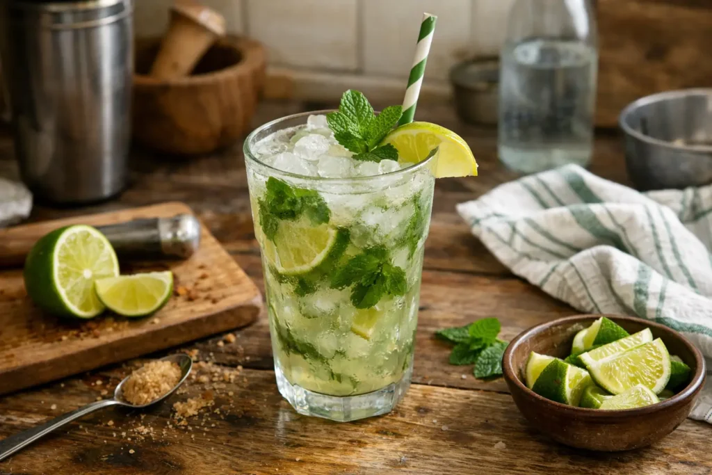 Mojito maison frais avec menthe, citron vert, glace pilée et rhum, préparé selon la recette mojito classique