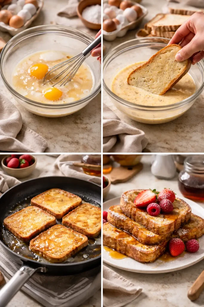 les étapes pour Pain perdu traditionnel dore a la poele avec pain rassi, oeufs et lait