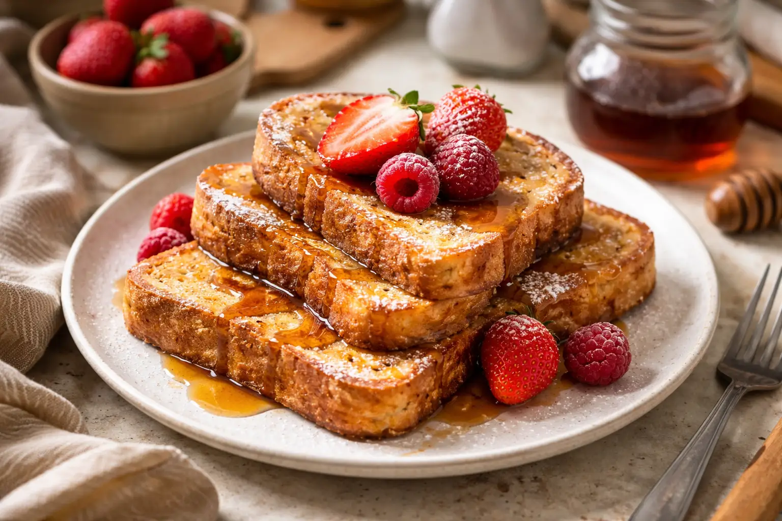 Pain perdu traditionnel dore a la poele avec pain rassi, oeufs et lait, servi chaud au petit-dejeuner