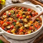 Ratatouille traditionnelle maison aux aubergines, courgettes et poivrons mijotes dans une cocotte