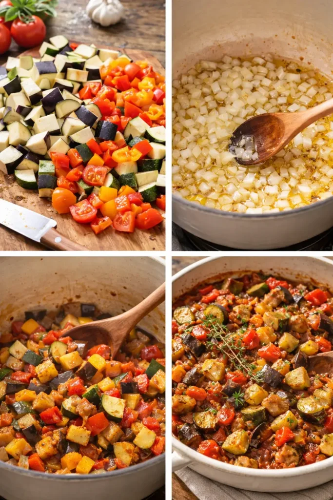 les étapes pour ratatouille traditionnelle maison aux aubergines, courgettes et poivrons mijotes.