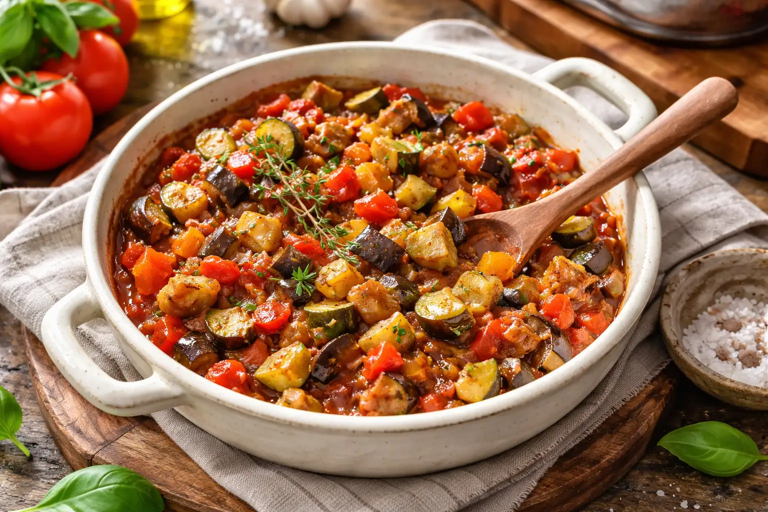 Ratatouille traditionnelle maison aux aubergines, courgettes et poivrons mijotes dans une cocotte