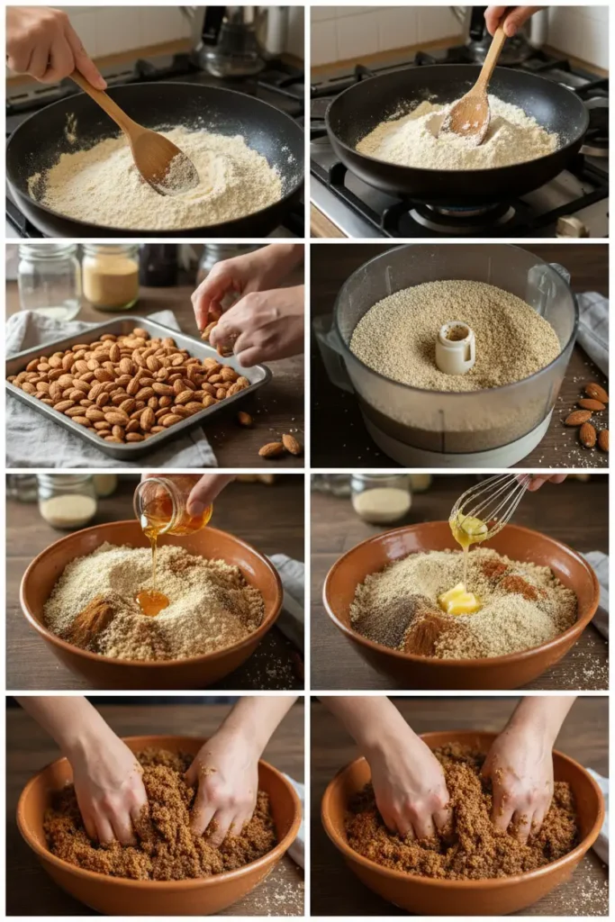 étapes pour sellou traditionnel marocain servi en dôme, mélange de farine grillée, amandes, sésame et sucre glace
