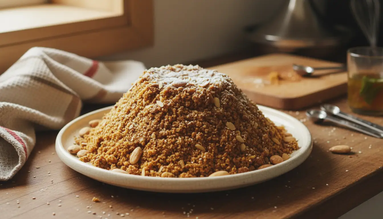 Sellou marocain traditionnel aux amandes et graines de sésame, dessert typique du Ramadan au Maroc