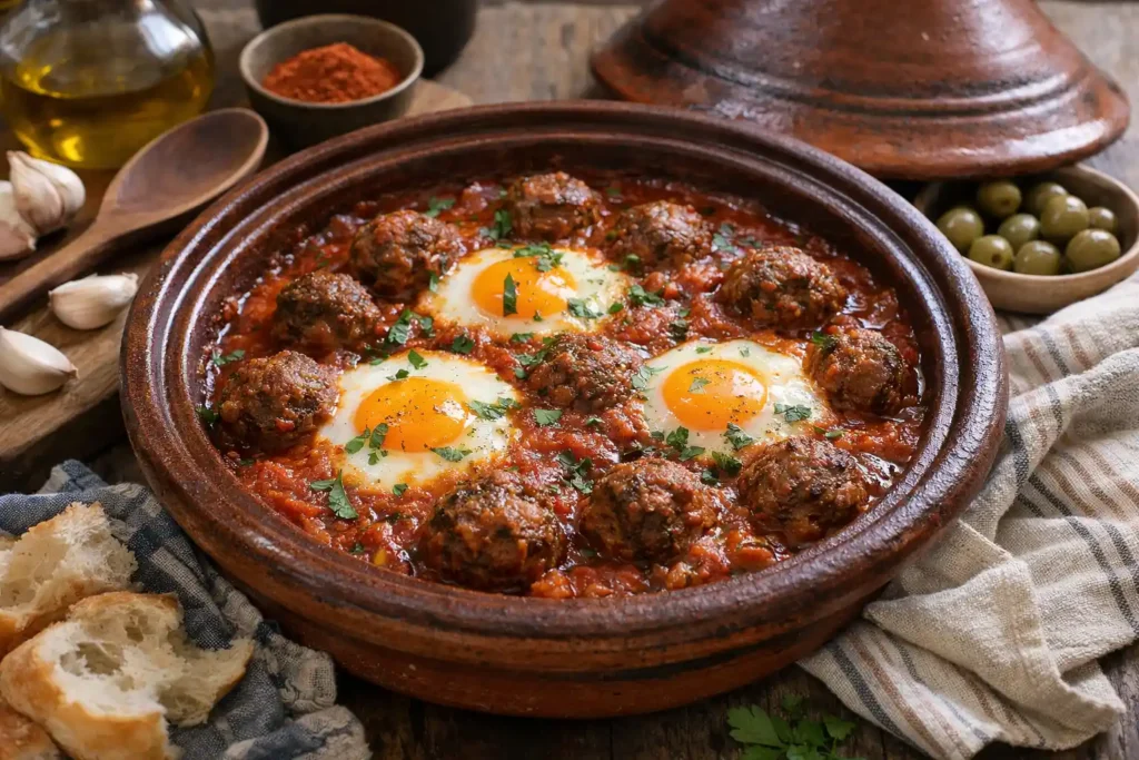 Tajine de kefta aux oeufs marocain avec boulettes de viande et sauce tomate maison