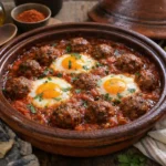 Tajine de kefta aux oeufs marocain avec boulettes de viande et sauce tomate maison