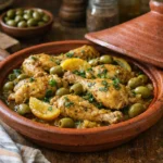 Tajine de poulet marocain traditionnel mijote avec olives, citron confit et epices dans un plat a tajine