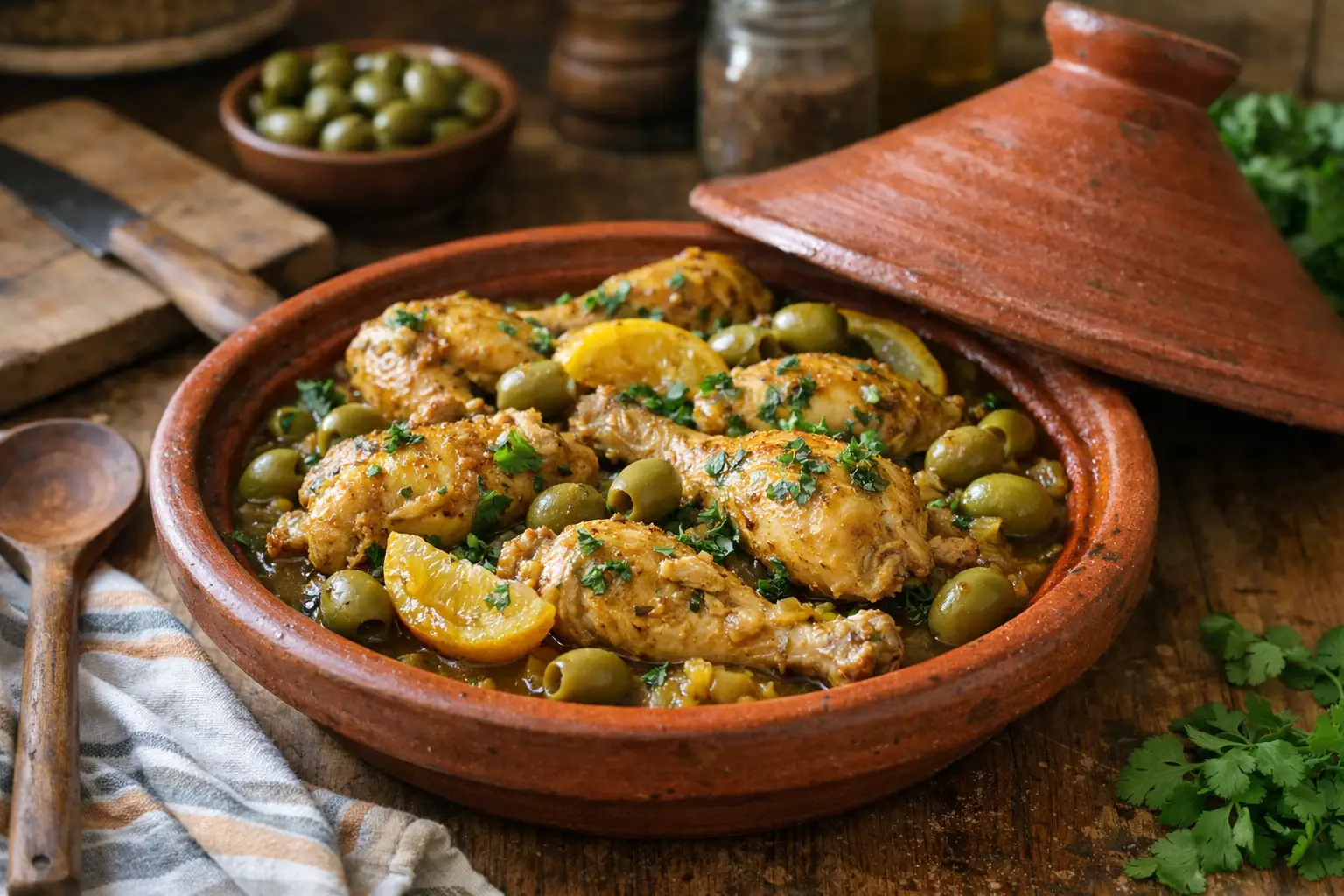 Tajine de poulet marocain traditionnel mijote avec olives, citron confit et epices dans un plat a tajine
