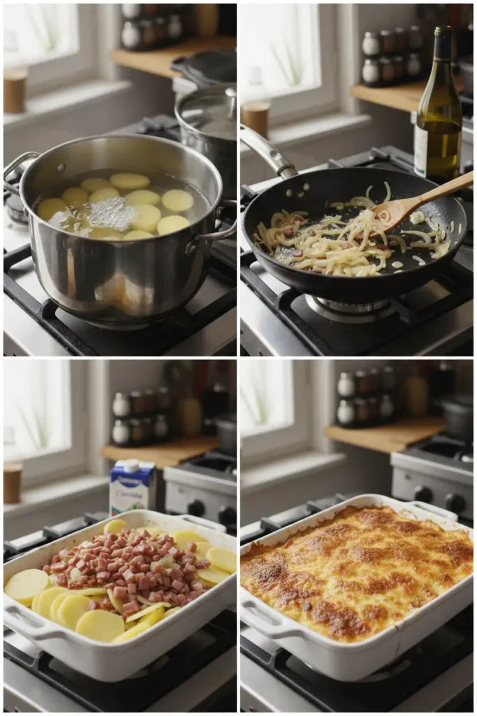 etapes pour tartiflette traditionnelle au reblochon gratinee au four.