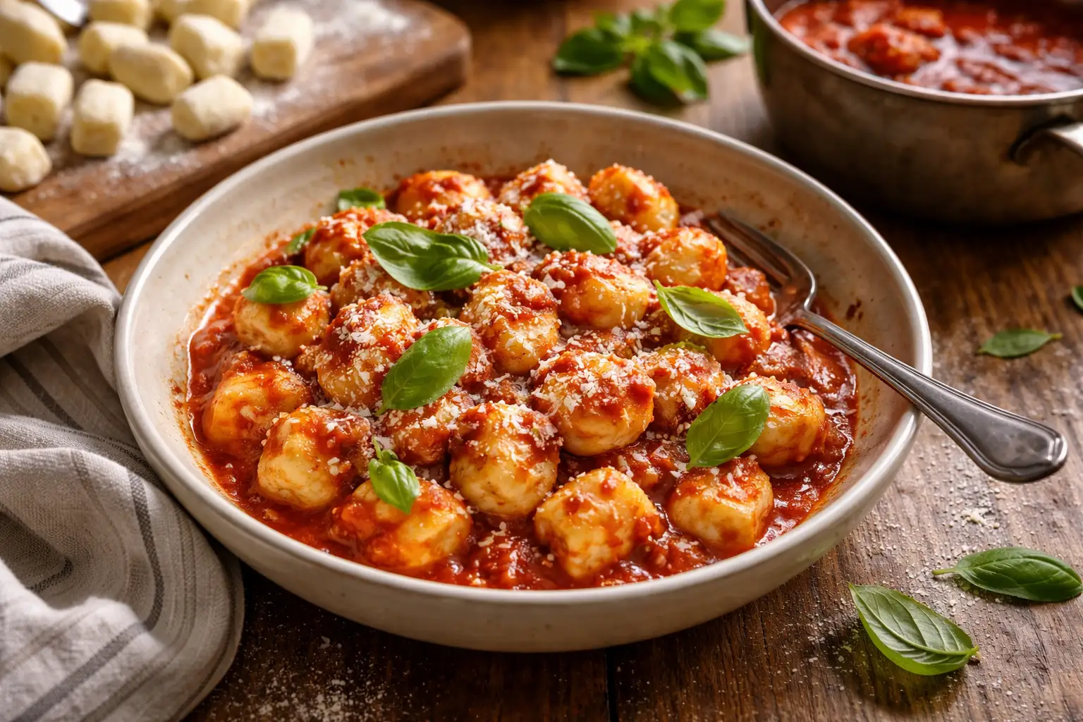 Gnocchis maison à la pomme de terre avec sauce tomate, basilic frais et parmesan râpé servis dans un bol rustique sur une table en bois avec lumière naturelle.