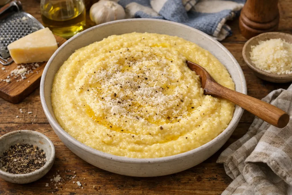 Polenta crémeuse au parmesan servie dans un bol rustique, garnie de beurre fondu, de parmesan râpé et de poivre noir, sur une table de cuisine en bois avec râpe à fromage, morceau de parmesan, huile d’olive et torchon de cuisine en arrière-plan.