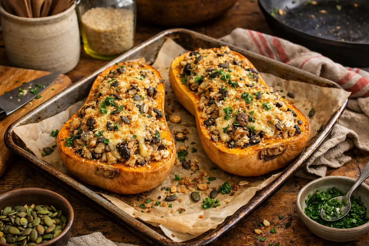 Butternut farcie végétarienne au riz et champignons - Facile fait maison