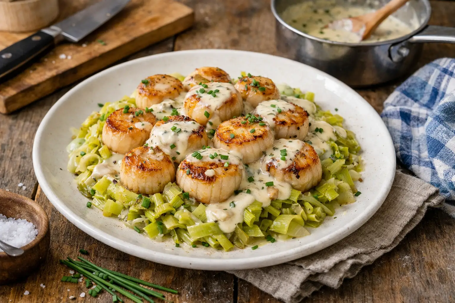 Noix de Saint-Jacques sur lit de poireaux à la crème - Facile fait maison