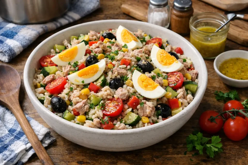 Salade de riz au thon (vinaigrette moutardée) - Facile fait maison