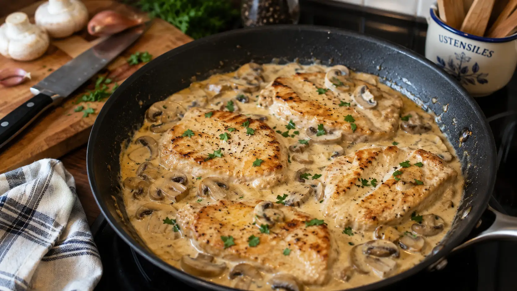 Escalopes de dinde a la creme et aux champignons