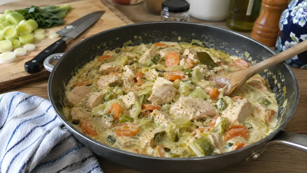 Fondue de poireaux crémeuse aux carottes et poulet - Facile fait maison