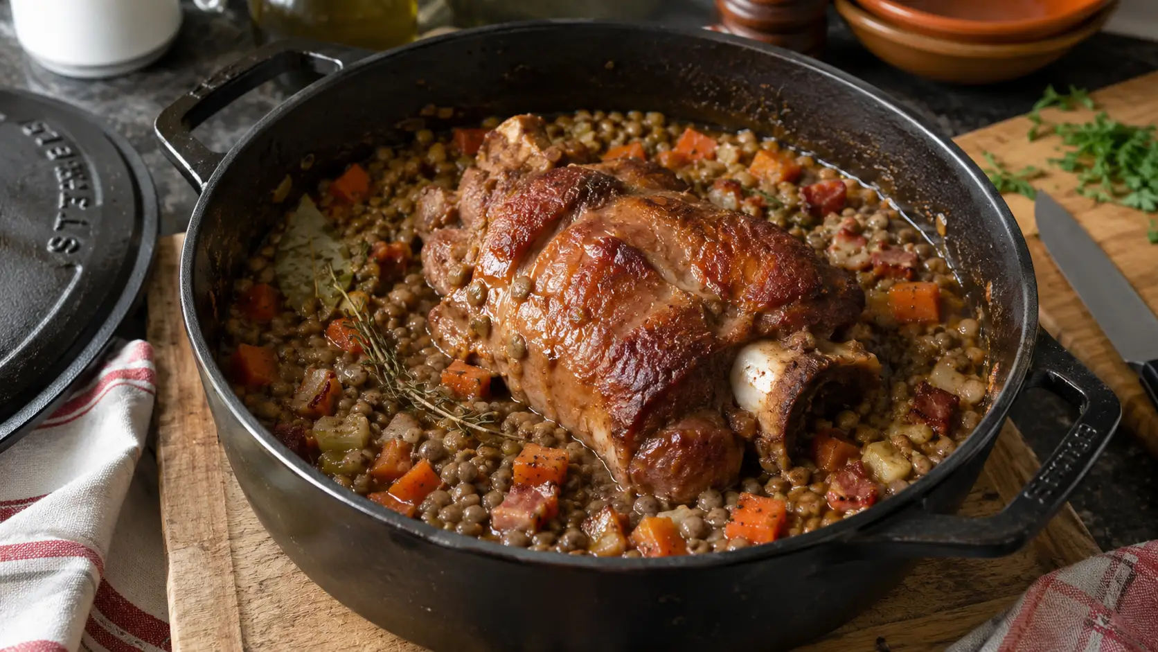 Jarret de porc aux lentilles en cocotte - Facile fait maison
