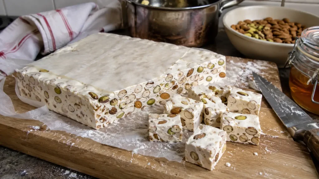 Nougat blanc tendre maison (amandes, pistaches et miel)