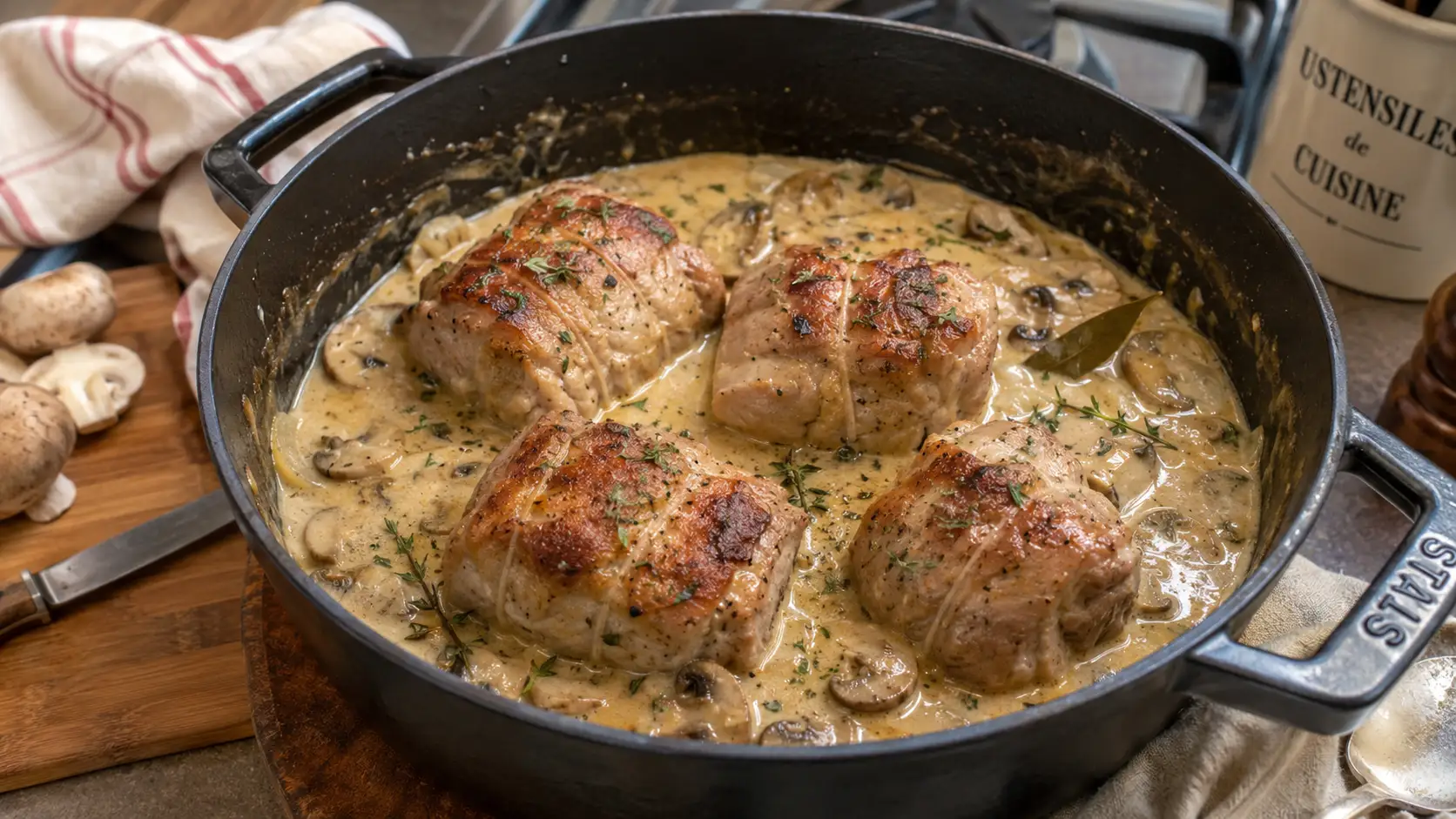 Paupiettes de porc en cocotte (sauce creme moutarde) - Facile fait maison
