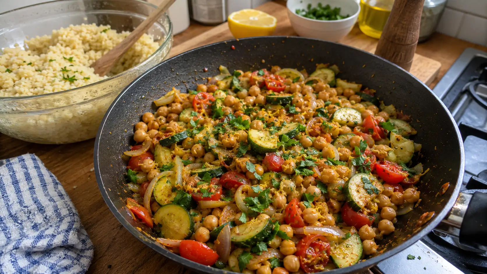 Poelee express pois chiches, courgettes et citron - Facile fait maison