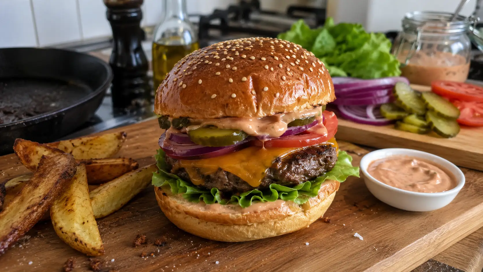 Burger maison (buns briochés, steak juteux et sauce burger)