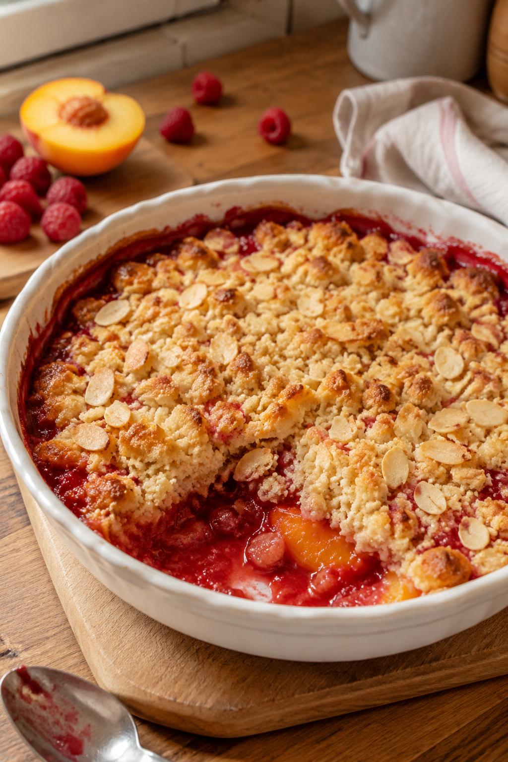 Crumble pêche framboise - Facile fait maison