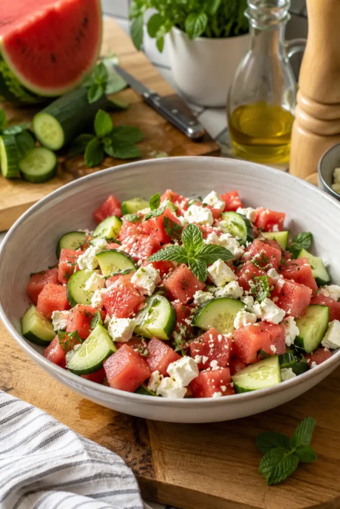 Salade de pastèque concombre feta - Facile fait maison