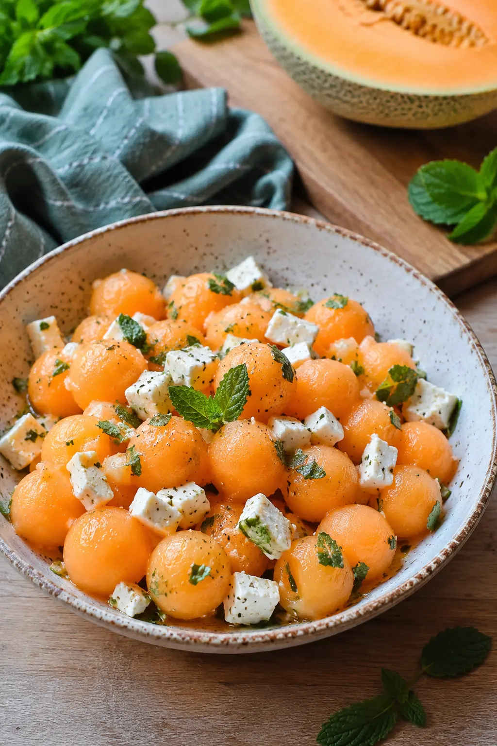 Billes de melon marinées à la feta et menthe - Facile fait maison