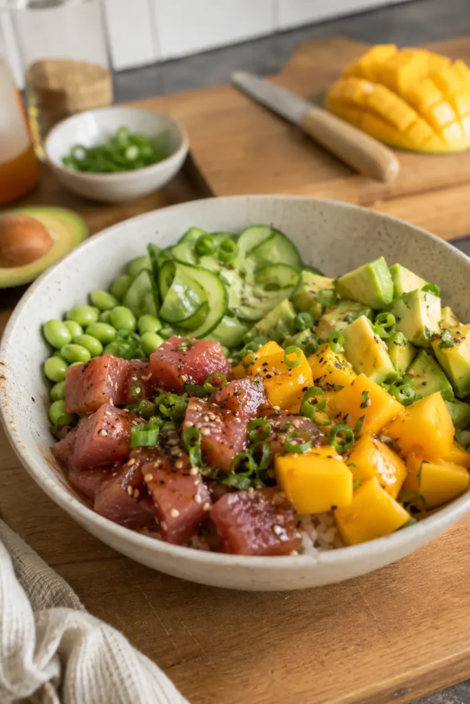 Poke bowl thon, mangue et avocat - Facile fait maison