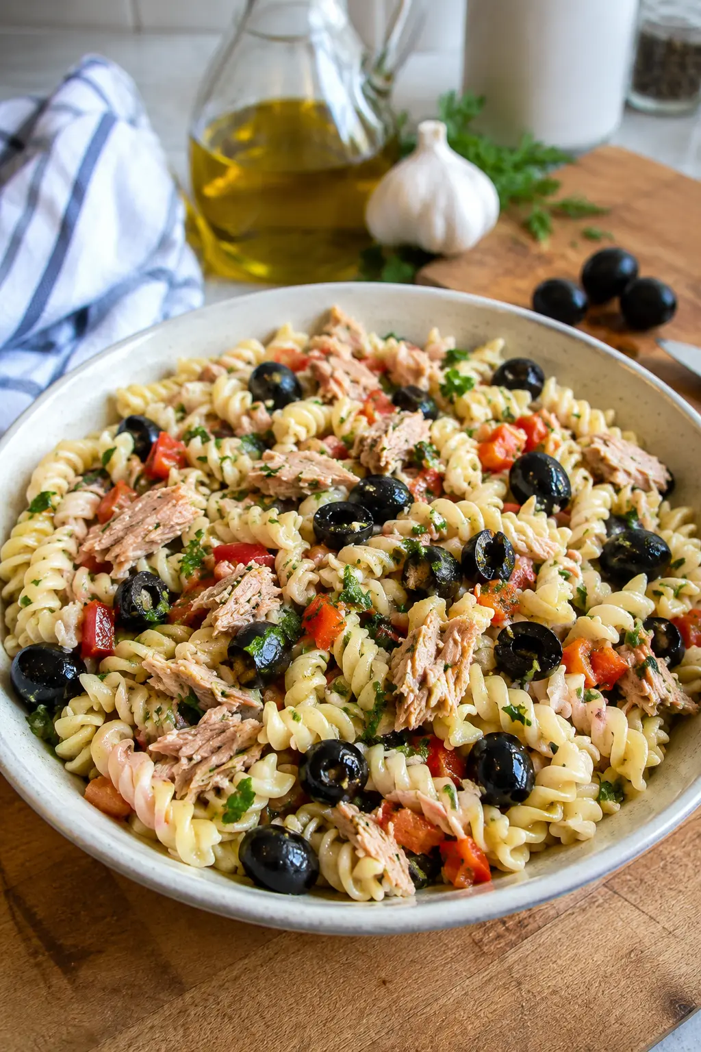Salade de pâtes au thon et olives noires - Facile fait maison