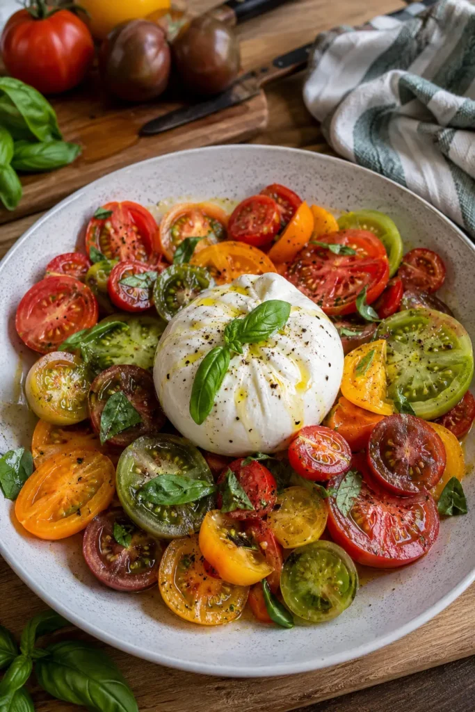 Salade de tomates multicolores et burrata di bufala - Facile fait maison