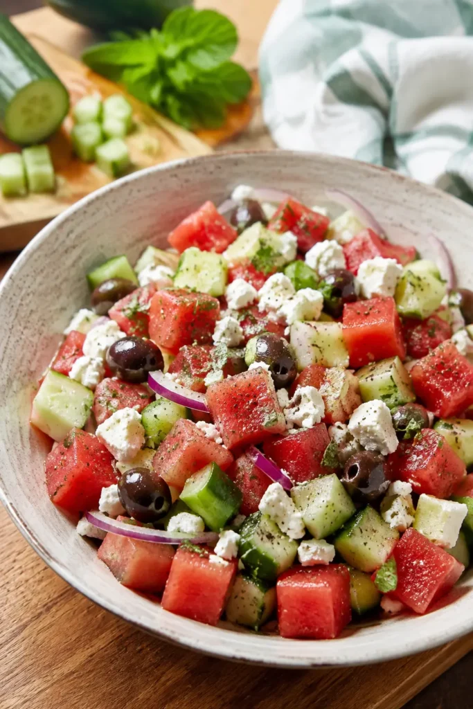 Salade méditerranéenne pastèque-concombre-olives - Facile fait maison
