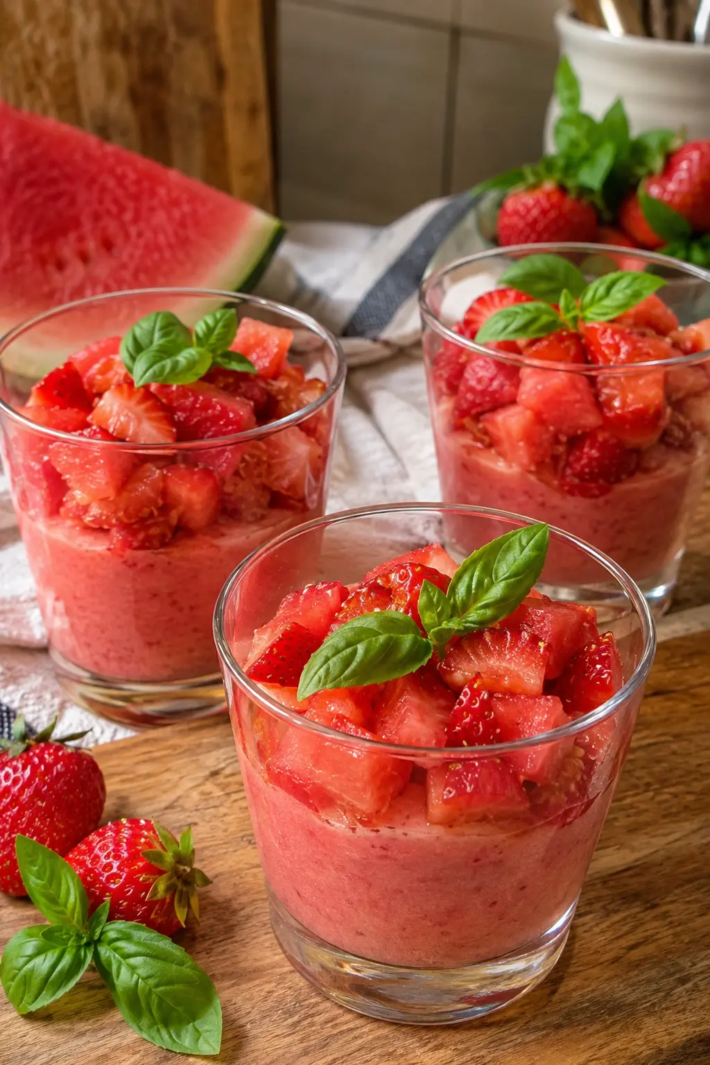 Verrines pastèque-fraise-basilic - Facile fait maison
