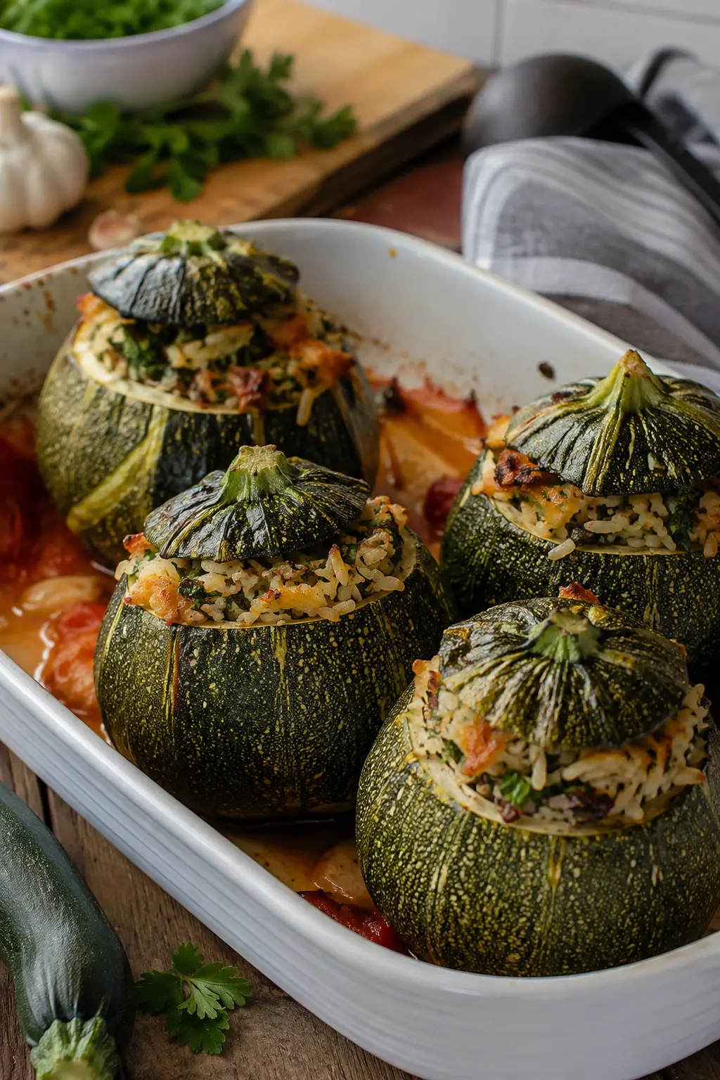 Courgettes rondes farcies au riz et herbes - Facile fait maison