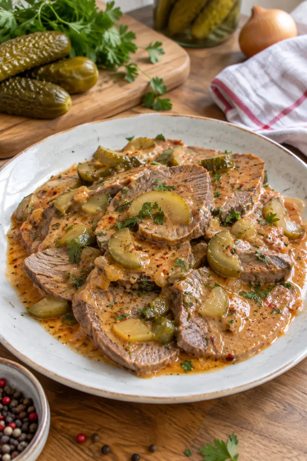 Langue de bœuf sauce piquante aux cornichons - Facile fait maison
