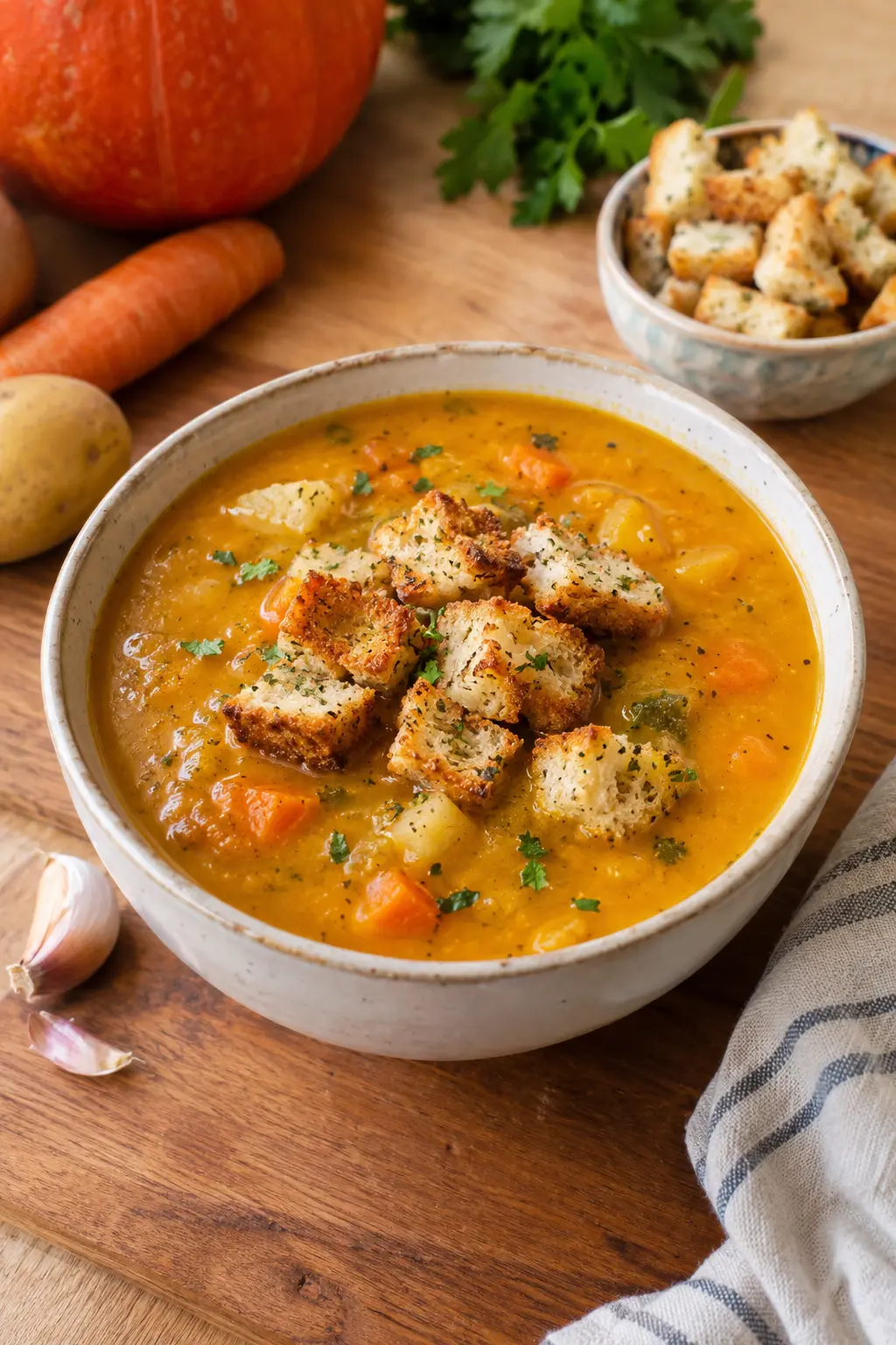Soupe de légumes d'automne aux croûtons ailés - Facile fait maison