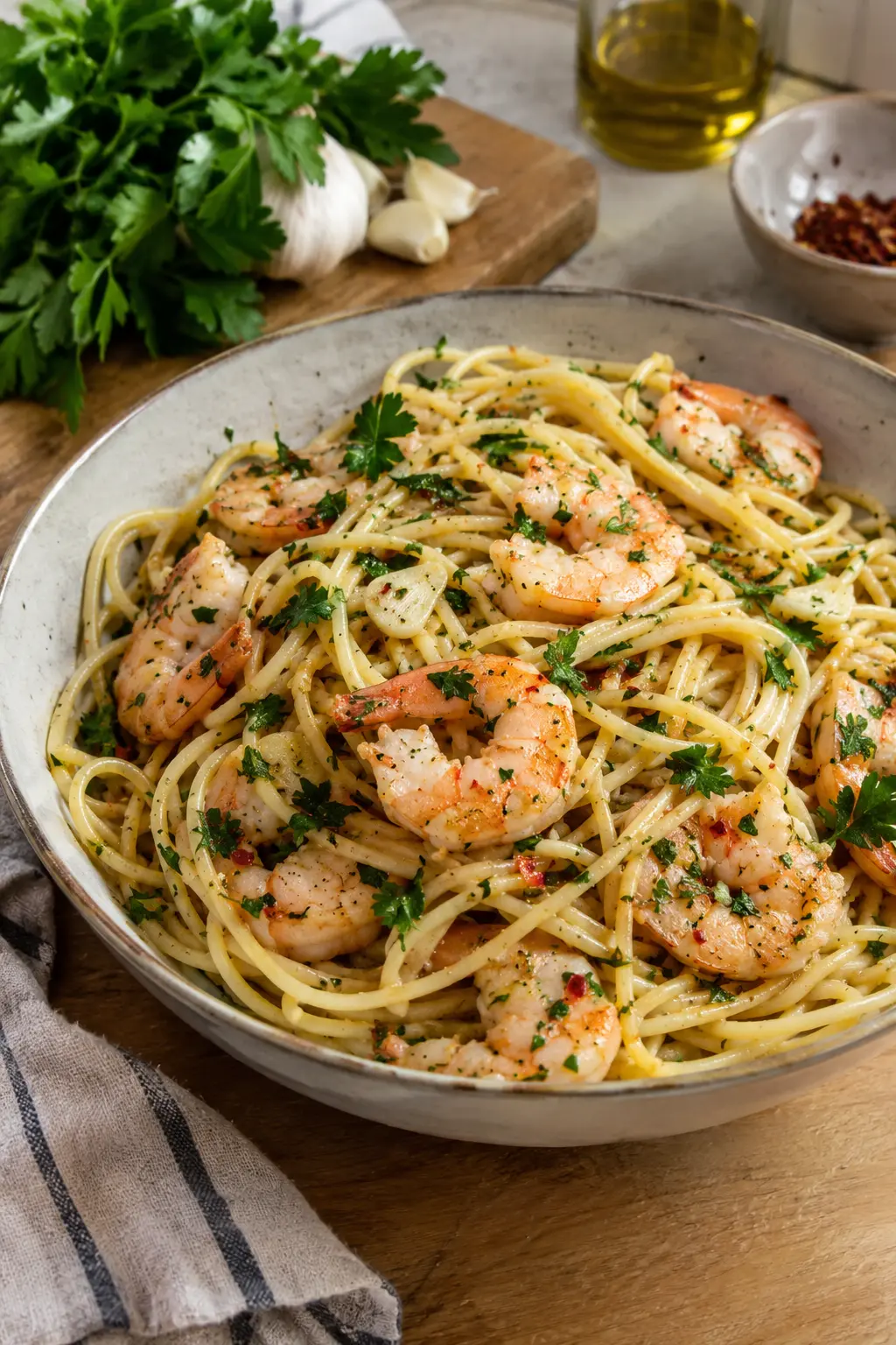 Spaghetti aux crevettes, ail et persil - Facile fait maison