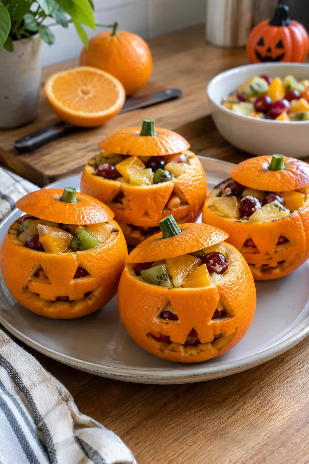Oranges citrouilles garnies de salade de fruits - Facile fait maison