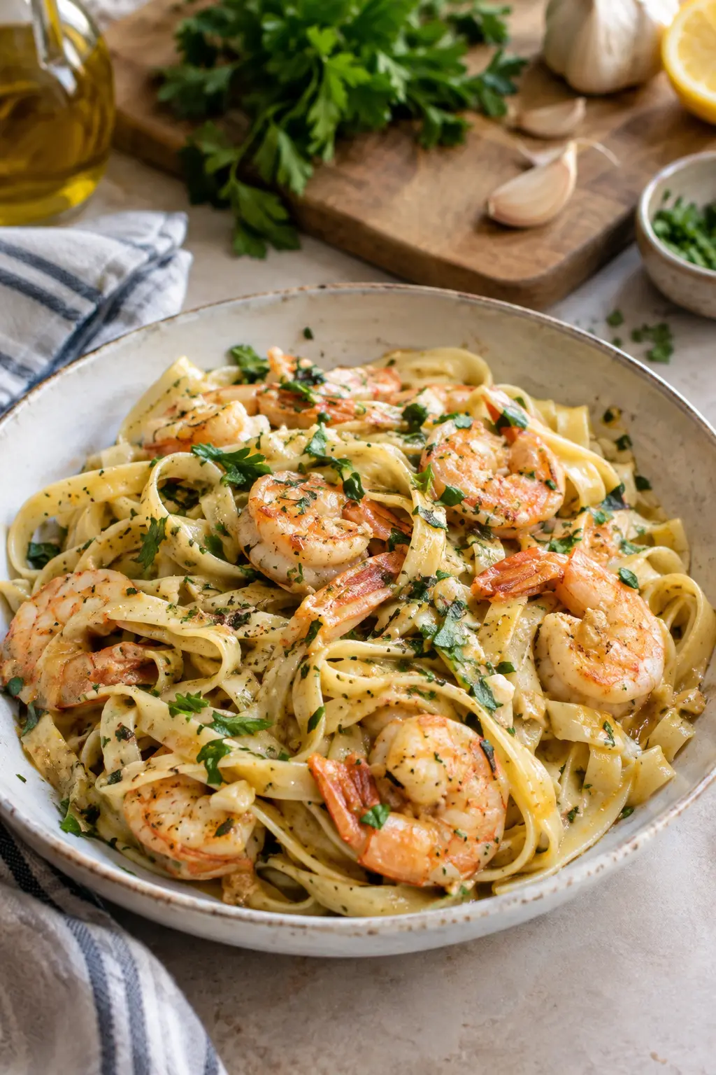 Tagliatelles aux gambas, beurre à l'ail et persil - Facile fait maison